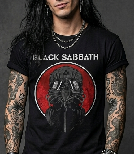 Uomo con tatuaggi indossa una t-shirt nera dei Black Sabbath con grafica di un casco futuristico su sfondo rosso circolare.