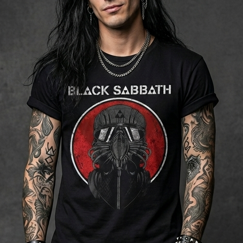 t-shirt-black-sabbath-generation-terror-stampa-dtf.jpg Uomo con tatuaggi indossa una t-shirt nera dei Black Sabbath con grafica di un casco futuristico su sfondo rosso circolare.