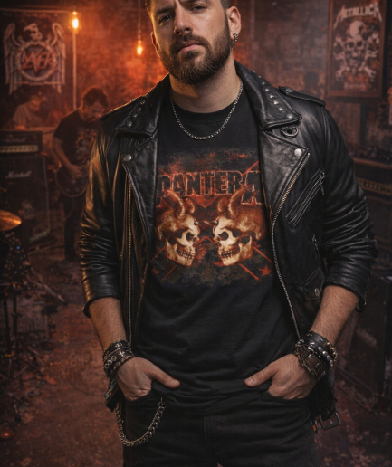 T-shirt nera dei Pantera con grafica frontale di due teschi con corna e logo rosso