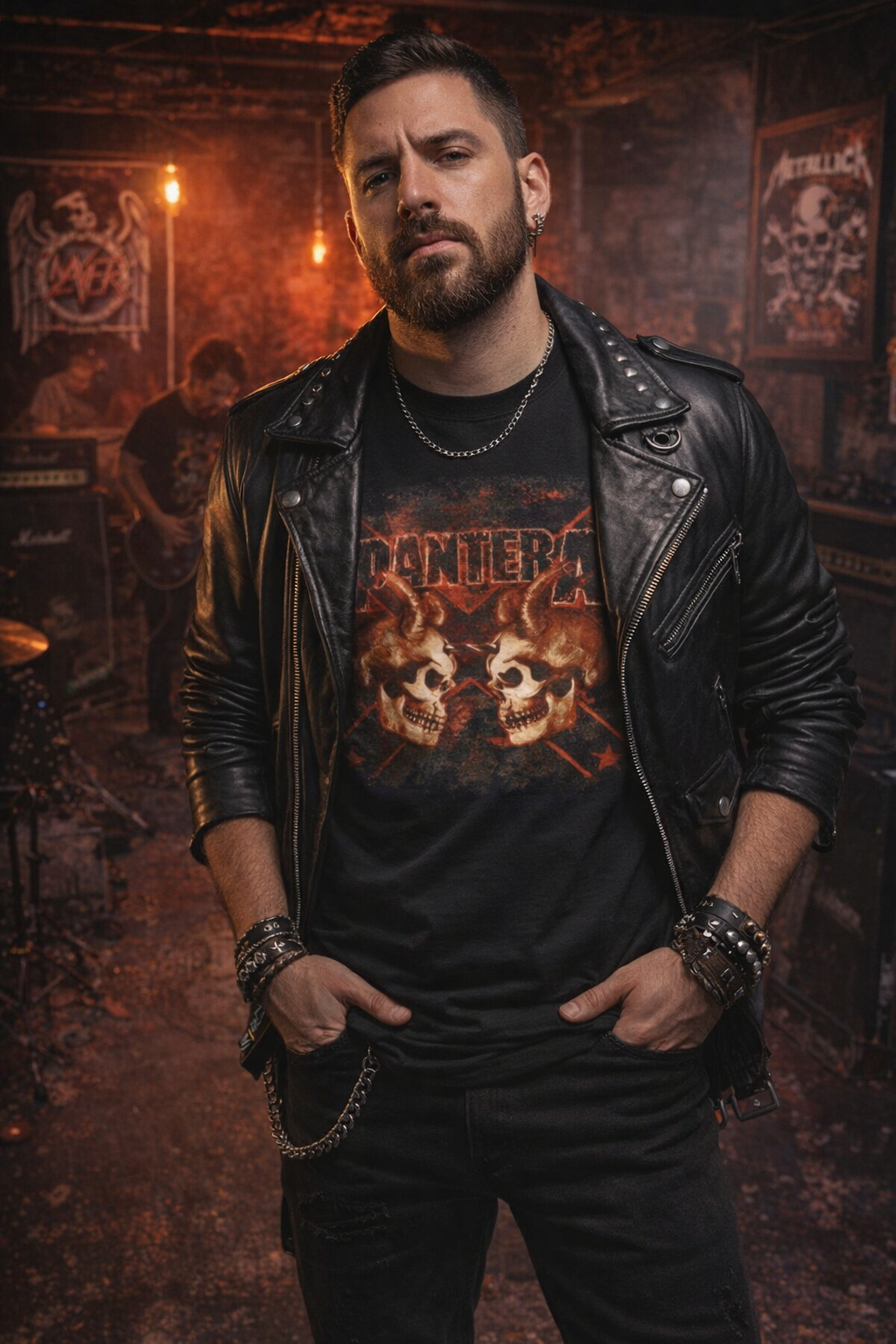 pantera1 T-shirt nera dei Pantera con grafica frontale di due teschi con corna e logo rosso