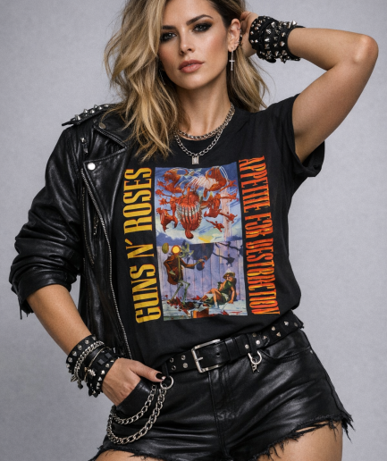 T-shirt nera Guns N' Roses con la grafica originale censurata dell'album Appetite for Destruction e scritte gialle e rosse.