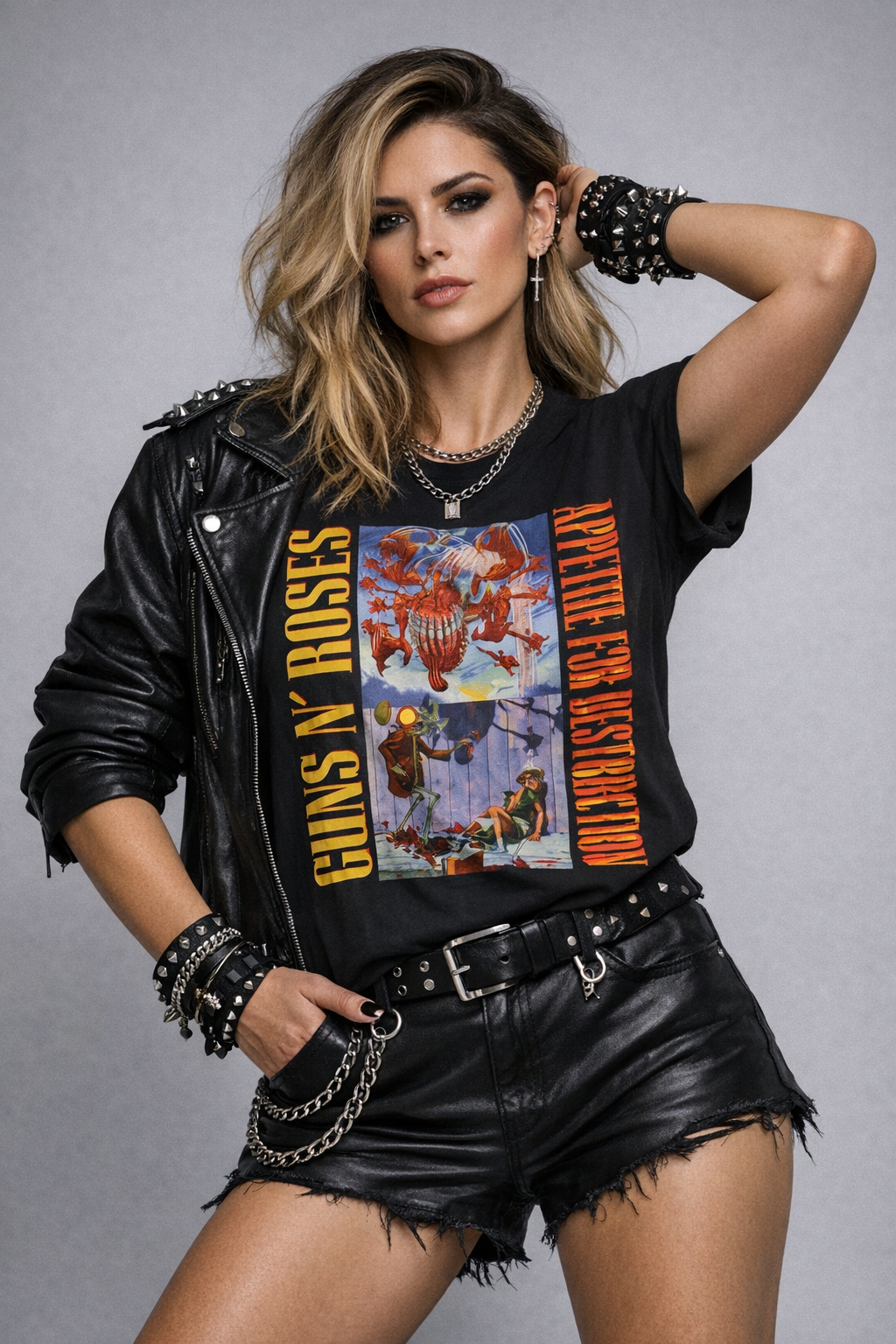 t-shirt-guns-n-roses-appetite-destruction-original-art.jpg T-shirt nera Guns N' Roses con la grafica originale censurata dell'album Appetite for Destruction e scritte gialle e rosse.