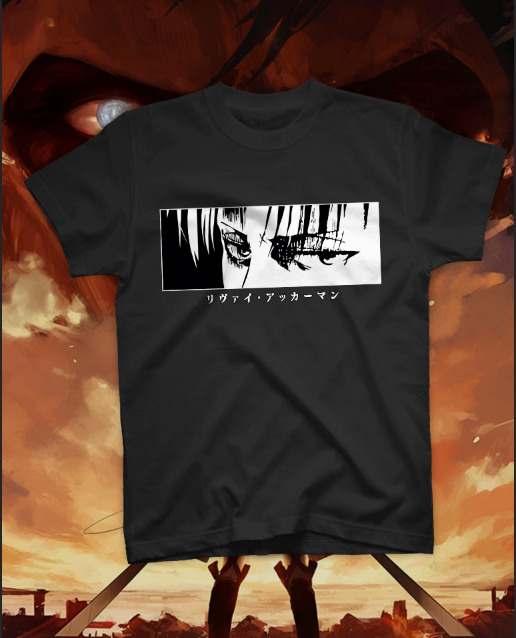 t-shirt-nera-occhi-levi-ackerman-attack-on-titan T-shirt nera con stampa rettangolare degli occhi di Levi Ackerman e scritta in giapponese.