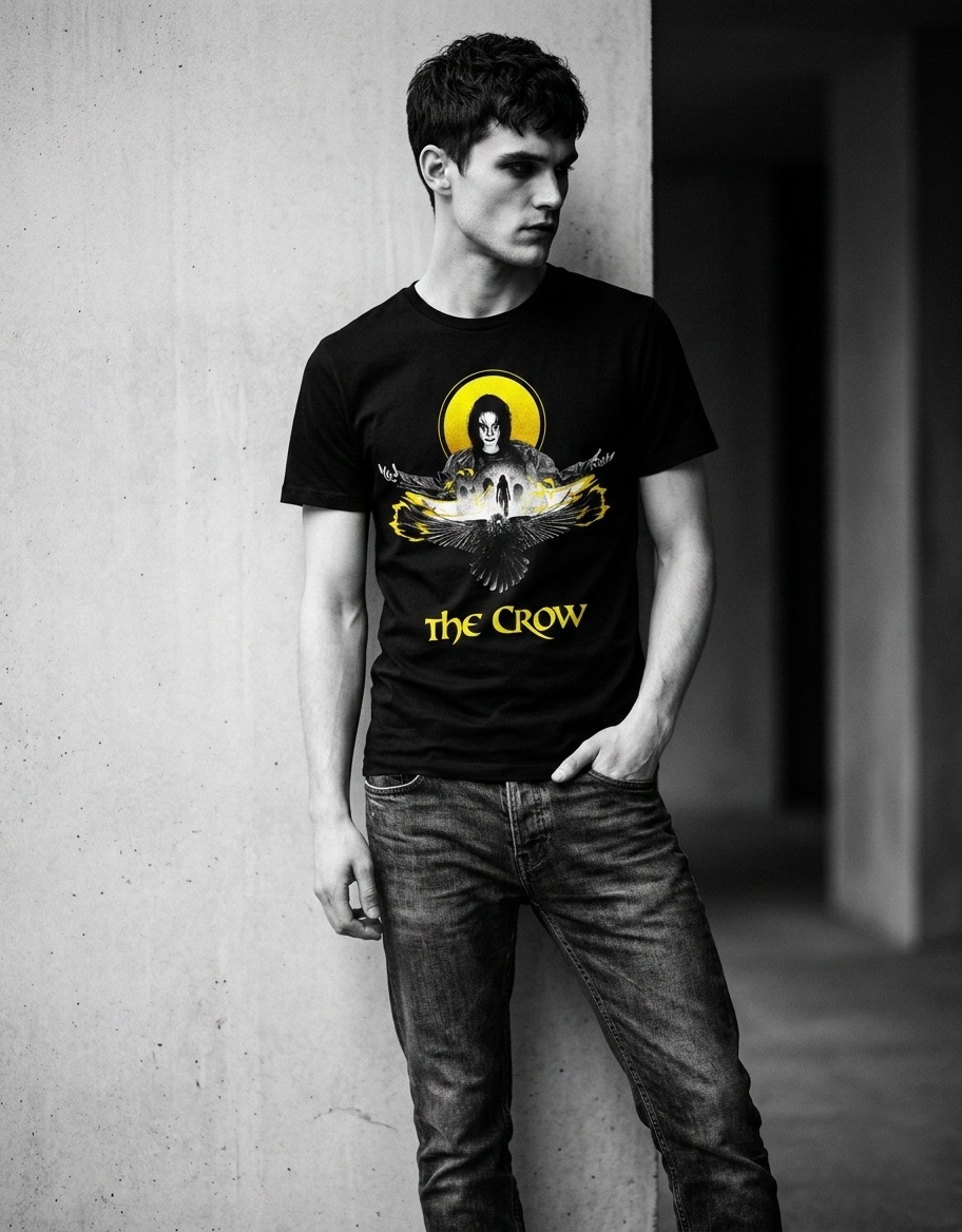 t-shirt-the-crow-il-corvo-eric-draven.jpg T-shirt nera del film Il Corvo con grafica di Eric Draven e un grande corvo nero su sfondo giallo e bianco.