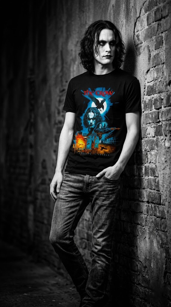 t-shirt-the-crow-movie-poster-edition.jpg T-shirt nera del film Il Corvo con collage di scene d'azione, Eric Draven e logo rosso.