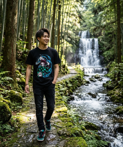 T-shirt nera di Demon Slayer con Tanjiro Kamado e il drago d'acqua della tecnica di combattimento.