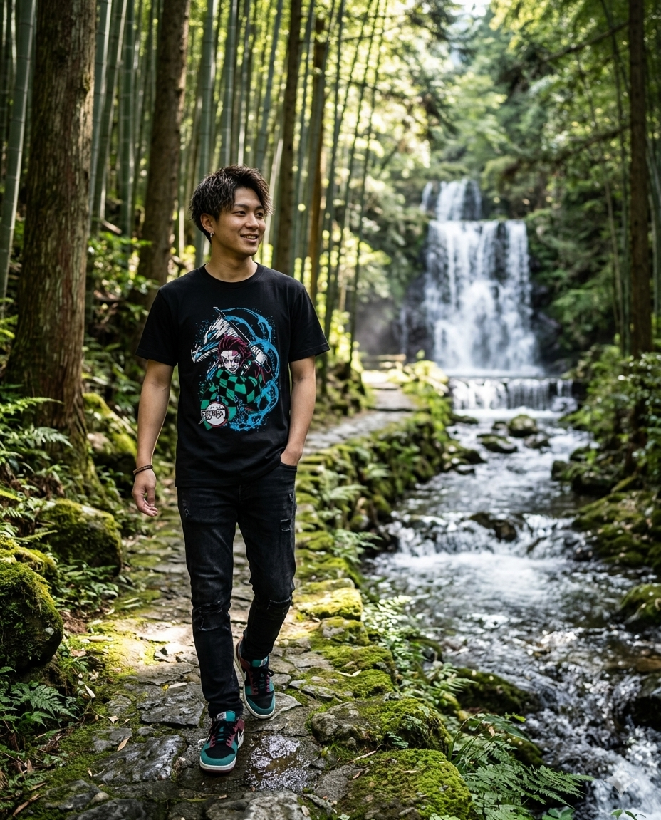t-shirt-demon-slayer-tanjiro-water-breathing.jpg T-shirt nera di Demon Slayer con Tanjiro Kamado e il drago d'acqua della tecnica di combattimento.