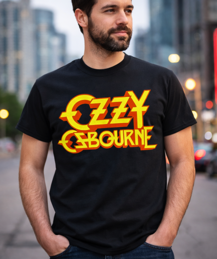 T-shirt nera con logo vintage giallo e arancione di Ozzy Osbourne in stile 3D.
