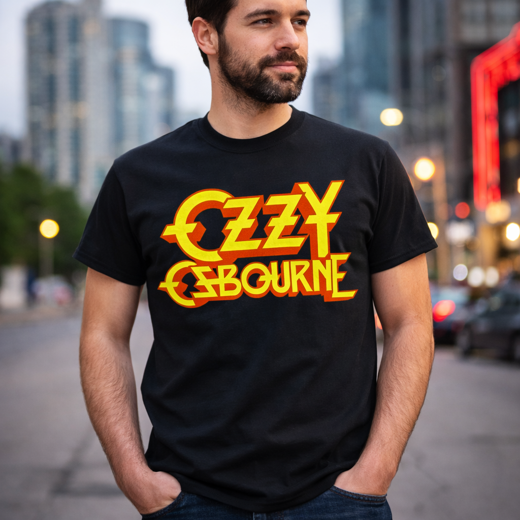 t-shirt-ozzy-osbourne-logo-vintage-nero-frontale.jpg T-shirt nera con logo vintage giallo e arancione di Ozzy Osbourne in stile 3D.