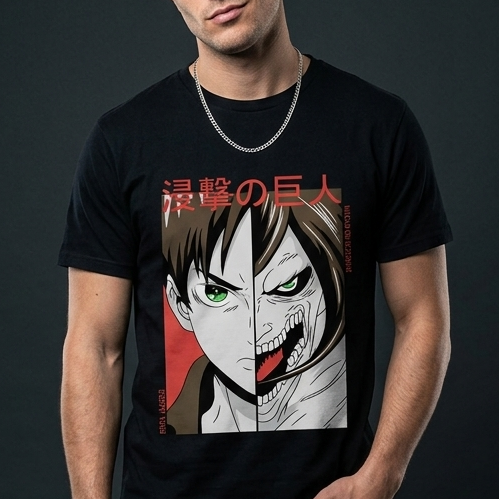 t-shirt-eren-jaeger-two-sides-attack-on-titan.jpg Uomo che indossa una T-shirt nera con grafica split di Eren Jaeger: metà viso umano e metà viso da Titano d'Attacco con scritte giapponesi rosse.