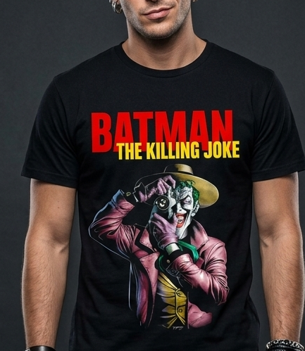 Un'icona della follia! La T-shirt Batman The Killing Joke unisce il design leggendario del Joker alla qualità superiore del cotone 155g. Grazie alla tecnologia di stampa DTF, avrai una maglietta dai colori brillanti e una grafica ultra-resistente, perfetta per ogni collezionista e fan del mondo DC.