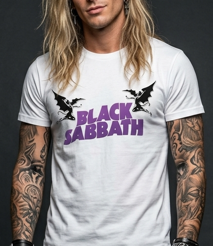 Uomo biondo tatuato indossa t-shirt bianca con stampa DTF viola del logo Black Sabbath Henry the Dragon.