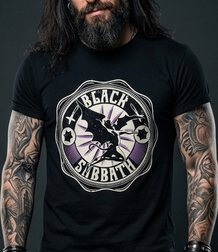 Uomo tatuato indossa t-shirt nera con stampa DTF del logo Black Sabbath Henry the Dragon in un cerchio viola.
