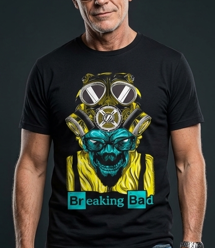 Uomo indossa t-shirt nera con stampa DTF neon di una maschera Hazmat gialla e blu e logo Breaking Bad.
