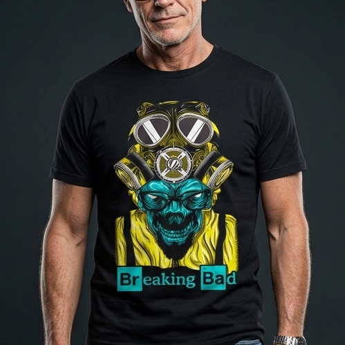 t-shirt-breaking-bad-heisenberg-hazmat-stampa-dtf.jpg Uomo indossa t-shirt nera con stampa DTF neon di una maschera Hazmat gialla e blu e logo Breaking Bad.