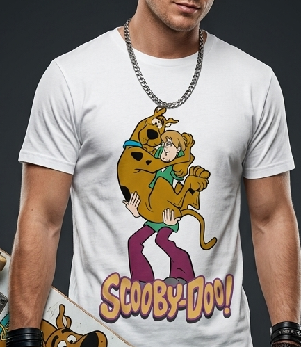 Uomo con skateboard indossa t-shirt bianca con stampa DTF di Scooby-Doo in braccio a Shaggy e logo colorato.