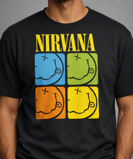 Uomo indossa t-shirt nera con stampa DTF dei Nirvana: quattro quadranti colorati con lo smiley e scritta gialla.