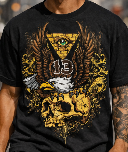 Uomo indossa t-shirt nera con stampa DTF di un'aquila su un teschio, una piramide con l'occhio e il numero 13.