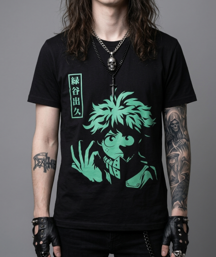 Ragazzo con capelli lunghi e tatuaggi indossa t-shirt nera con stampa DTF verde neon di Deku da My Hero Academia e scritte giapponesi.
