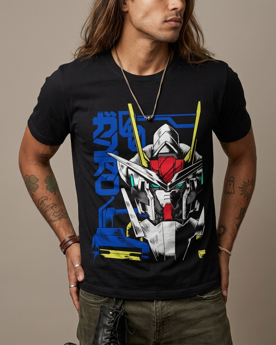 t-shirt-gundam-mecha-rx78-anime-stampa-dtf.jpg T-shirt nera distesa su sfondo giallo con stampa DTF del volto di un robot Gundam e scritte giapponesi azzurre.