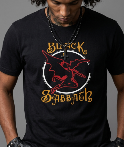 Inquadratura dal mento in giù di una donna con t-shirt nera con stampa DTF del logo Black Sabbath e dell'angelo caduto rosso Henry.