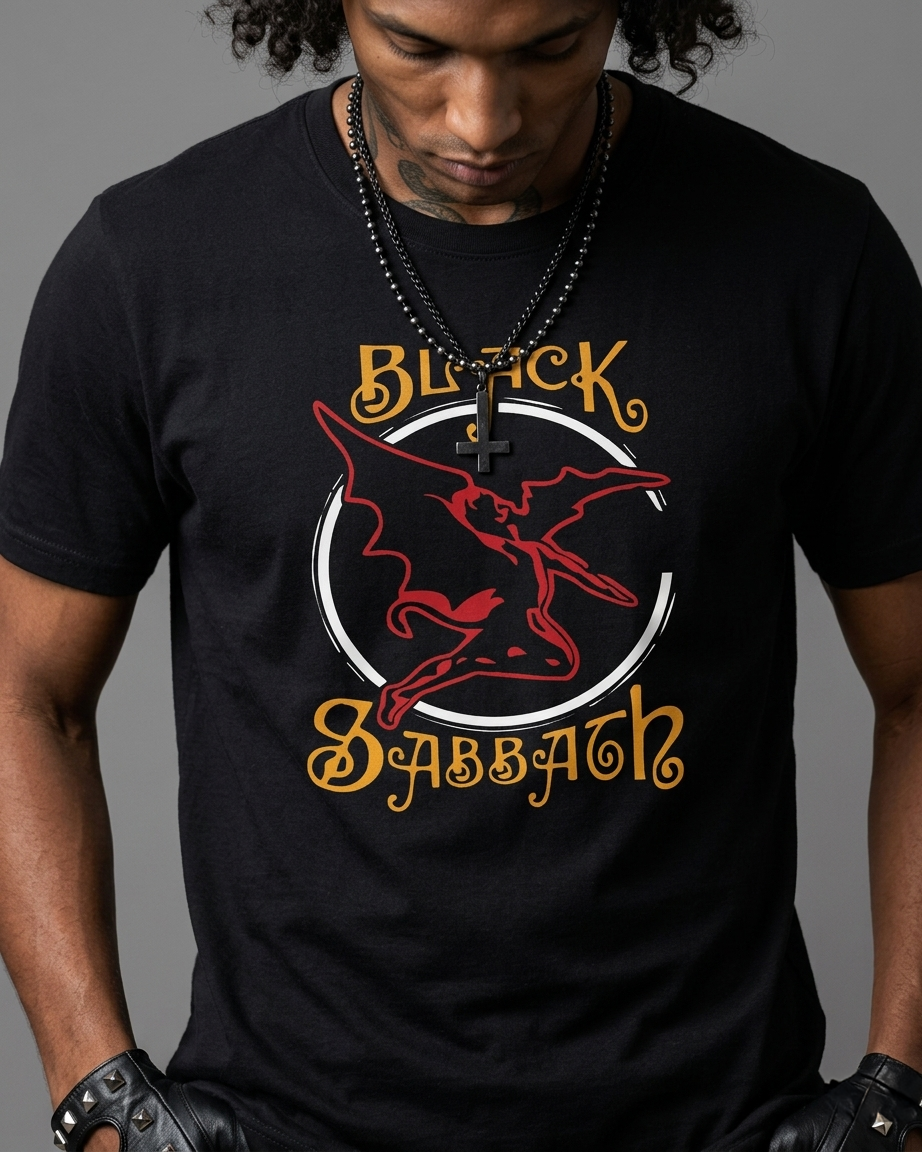 t-shirt-black-sabbath-henry-heavy-metal-stampa-dtf.jpg Inquadratura dal mento in giù di una donna con t-shirt nera con stampa DTF del logo Black Sabbath e dell'angelo caduto rosso Henry.