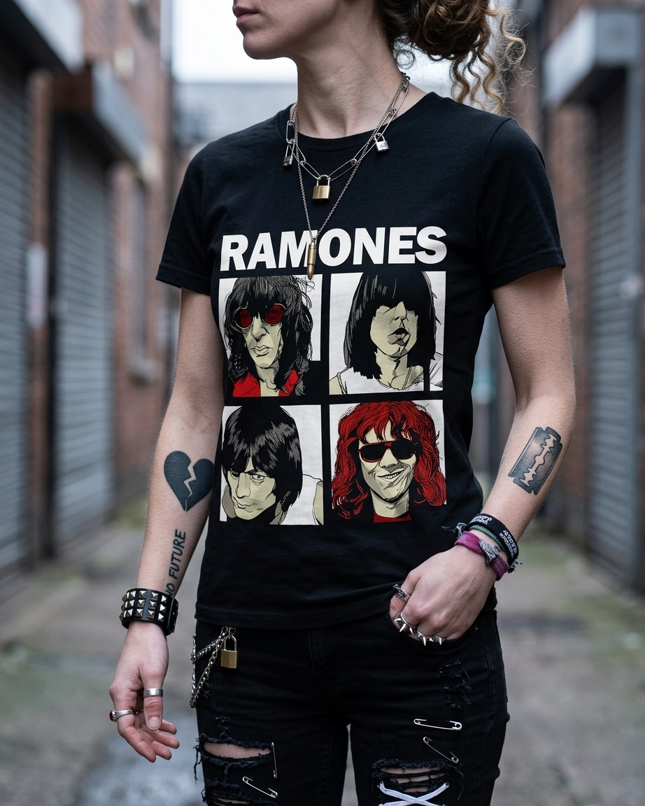t-shirt-ramones-punk-rock-band-stampa-dtf.jpg Ragazza con tatuaggi e lucchetto al collo indossa t-shirt nera con stampa DTF dei quattro membri dei Ramones e scritta bianca.